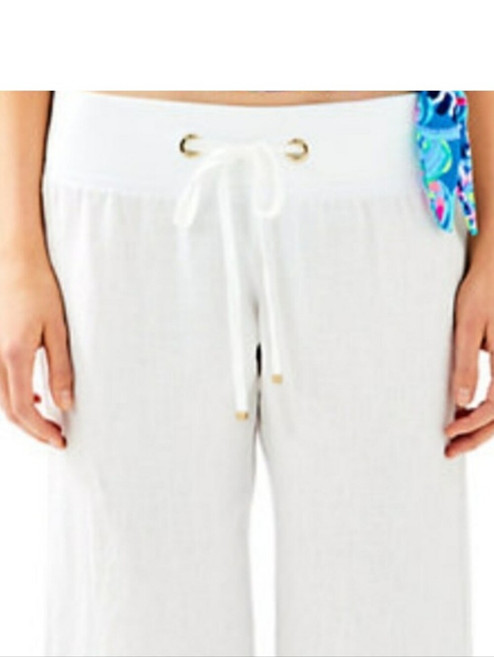 Lilly Pulitzer Linen Beach Pant Sz S Mid-Rise Wide Leg Drawstring White Costal - Picture 2 of 9